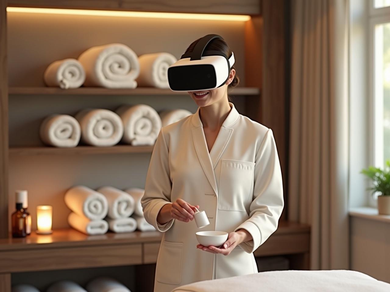 Create a high-quality photo-realistic 4K landscape image of a towel room in a spa. The scene features a Spa Assistant wearing a modern spa uniform, learning how to place towels using a white VR headset with a black screen in the front. The background should showcase neatly stacked rolled towels on shelves, complemented by a serene, calming atmosphere with soft lighting. The spa room should include decorative elements like candles and essential oil bottles to enhance the ambiance. Ensure that the image does not contain any text, logos, or icons, and maintain the proportions similar to the original reference image.