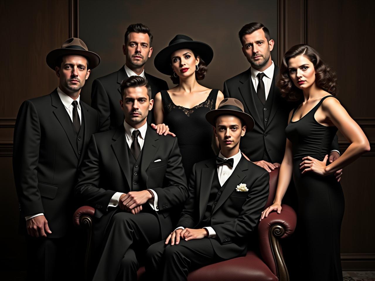 Transform this family photo into a classic mafia family portrait while keeping the original faces and heights of the family members. The setting should be dark, moody, and serious, evoking a vintage mafia aesthetic reminiscent of the 1920s to 1950s. Dress the family in formal gangster-style attire, including dark suits, ties, fedoras, and flapper-style dresses. Add props like cigars, whiskey glasses, or vintage weapons to enhance the dramatic effect. The background should feature a dimly lit, elegant interior with rich textures like dark wood or leather chairs, emphasizing a somber, cinematic tone. The overall atmosphere should remain cool and serious, making the photo distinctly mafioso while still unmistakably representing your family.