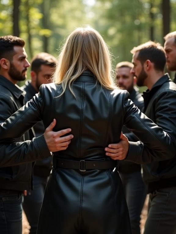 Young woman stands in front of several men in a sunny forest. She has blond hair and wears a black leather belted biker coat. Men hold her tightly by the shoulders and arms. Their expressions are angry. The woman's body posture shows she feels distressed. The lighting highlights her figure and expression. The perspective centers on her within the group.