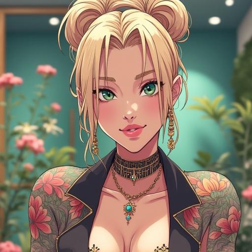 Anime character with emerald green eyes and light blonde hair. Woman wears modern grunge clothing. Tattoos are colorful and traditional Japanese style. Scene set in luxurious Chanel store. High-tech details and cybernetic elements present.