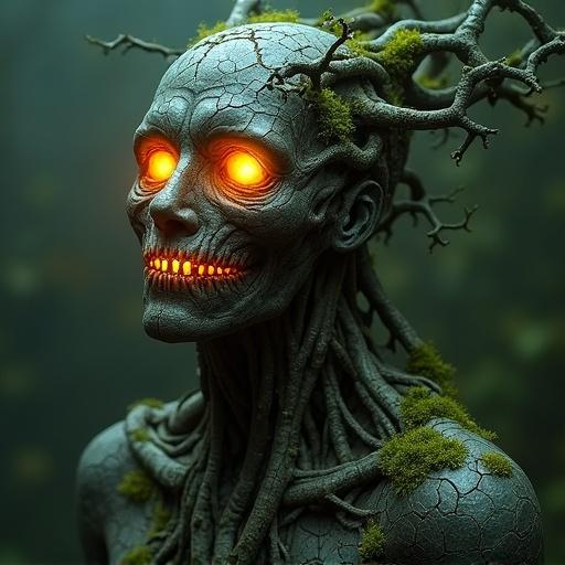 A surreal figure features a face of cracked earthy material resembling stone. Twisted roots and branches are intertwined. Eyes and mouth glow fiery orange. The dark surface is patched with moss. Background is misty and dark green, creating a mystical atmosphere.
