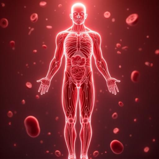 A human body illustration showing blood circulation. The circulatory system is highlighted prominently. Red cells are shown in the background to emphasize blood flow. A stark, visual representation of the cardiovascular system is presented.