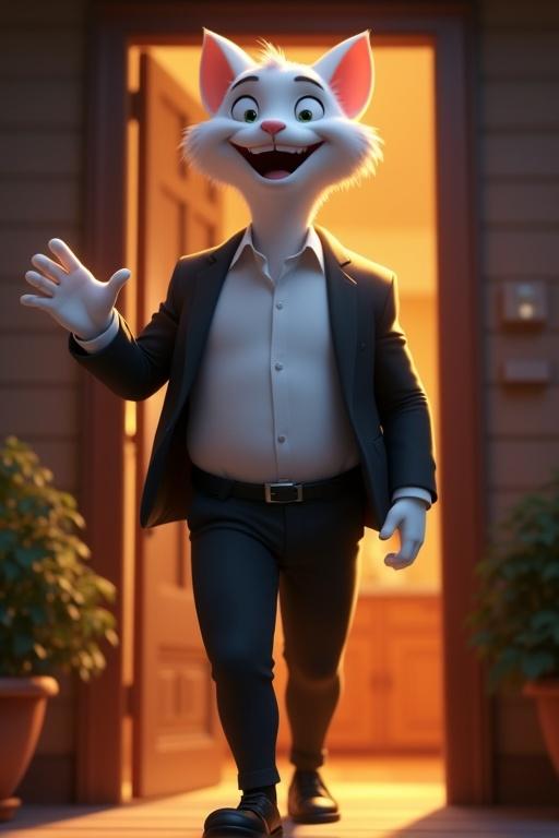 Cinematic 3D cartoon style illustration of a tall muscular white male anthropomorphic cat walking through the bright entrance of a house at night. He wears a white dress shirt, black blazer, and trousers. One hand raised in a wave, cheerful expression on face. Background shows warmly lit house interior.