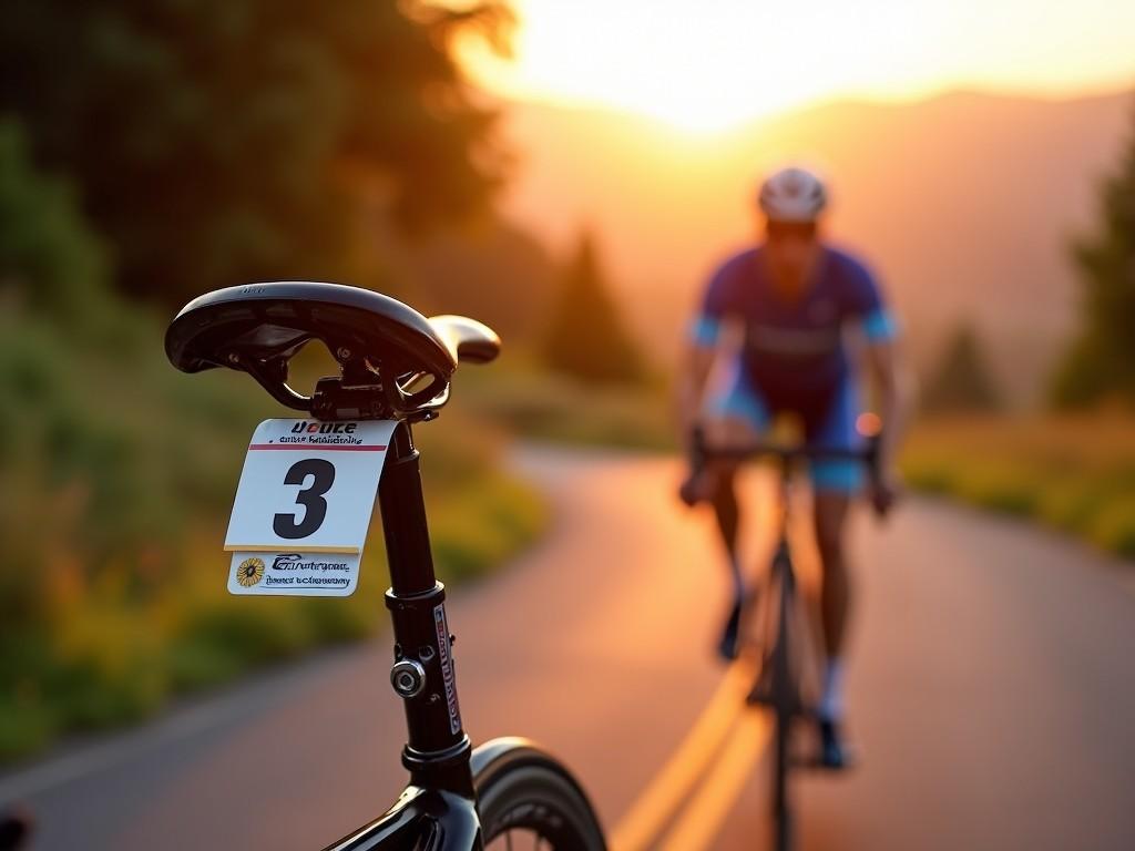 The image showcases a competitor number displayed prominently on the seat tube of a bicycle. It is specifically tailored for a cycling championship and features bold designs and bright colors. The background reveals a picturesque cycling route, beautifully lit by warm sunlight during sunset. In the distance, a cyclist is seen in motion, reflecting the competitive spirit of the event. The clear focus on the number emphasizes its importance within the scene, encapsulating the essence of cycling competitions.