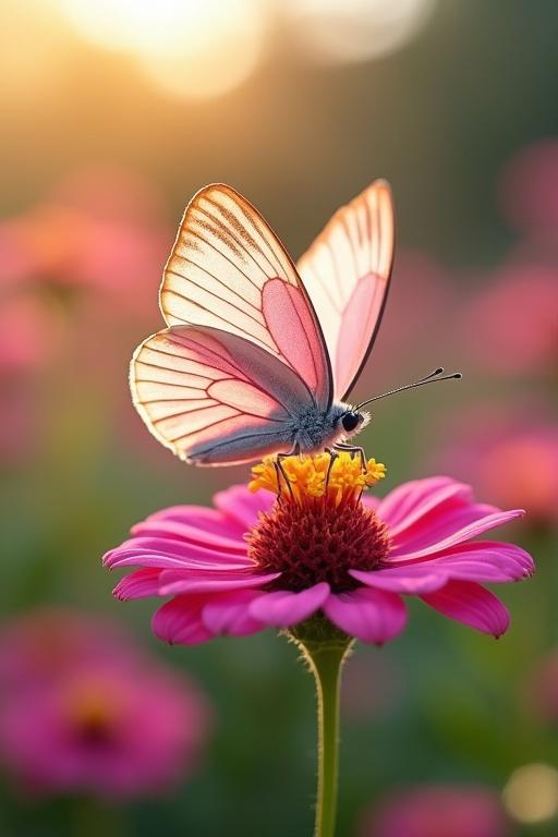 A pink and white butterfly rests gently on a vibrant pink flower. The background is a blurred sunlit garden. The scene captures the delicate details of the butterfly's wings and the blooming flower.