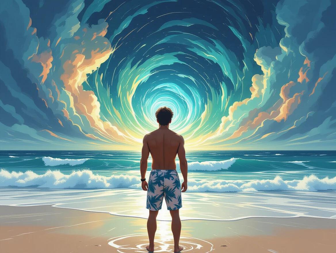 Man standing at the beach looking at a vibrant spiral of energy in the sky. Surrounded by ocean waves. Dramatic scene.