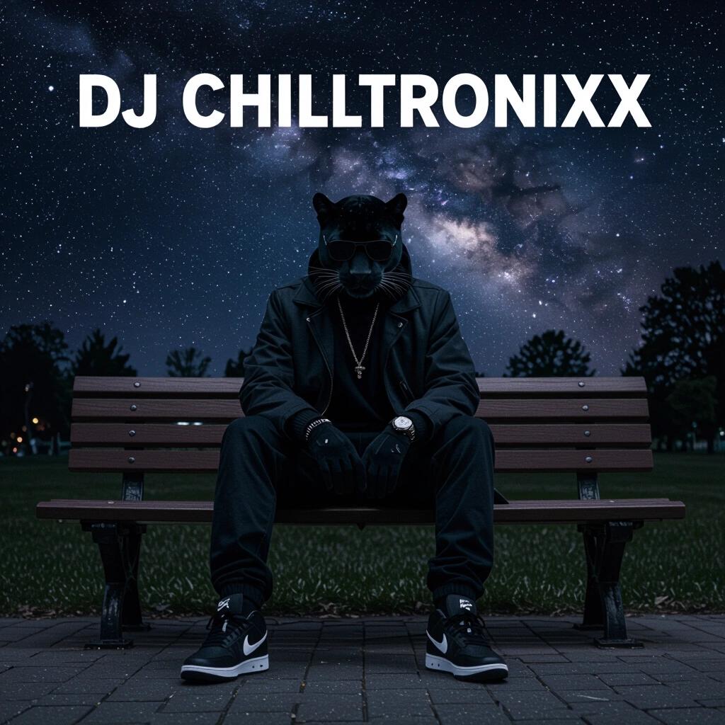 Nighttime photograph featuring a stylish figure resembling a panther sitting on a park bench. Figure wears dark clothing and sneakers. Nebula sky in the background creates a dark vibe. Text at the top reads DJ Chilltronixx. Suitable for an artistic album cover.