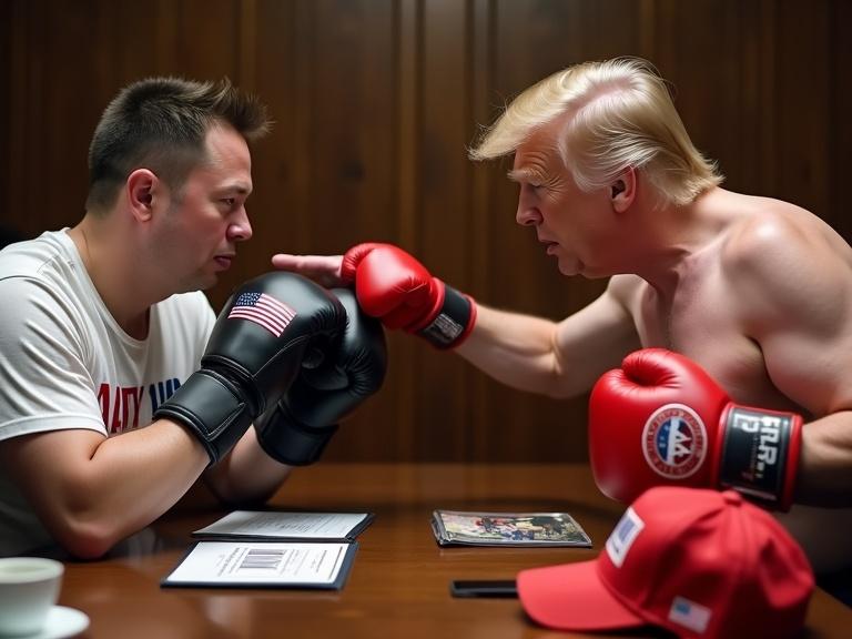A shirtless Donald Trump wearing boxing gloves confronts a shirtless Elon Musk in boxing gloves during a cabinet meeting. Both have tense facial expressions. A MAGA hat is on the table and a shattered coffee cup lies on the floor.