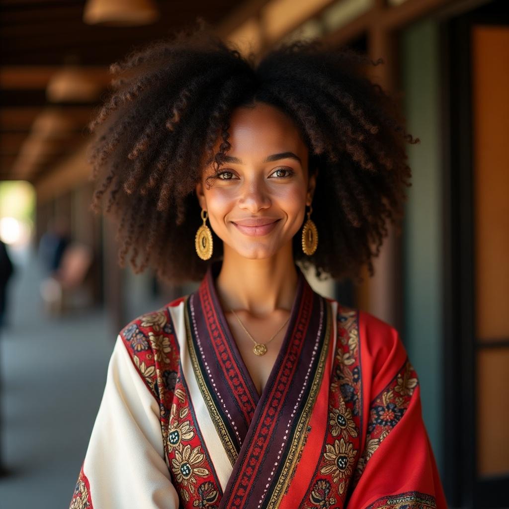 A beautiful mixed race woman with African, Jewish, Russian, and Japanese heritage. She has curly hair and is wearing colorful traditional clothing. She stands in an open corridor, smiling gently at the camera.