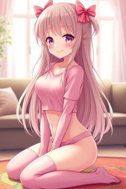 Anime character illustrated in cute style. Character has long hair with bows. She wears a pink crop top and panties. Soft pink background and thigh-high socks. She kneels on a colorful rug in a softly lit living room.
