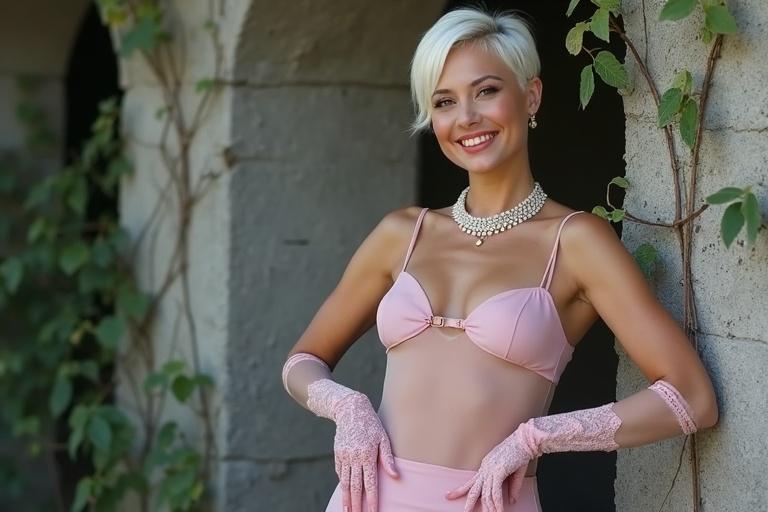 Full-body shot of a woman with short white hair and warm smile. Wearing a pink transparent dress, lace gloves, and black high heels. Leaning against a gray wall with greenery. Hands on hips, soft natural lighting.
