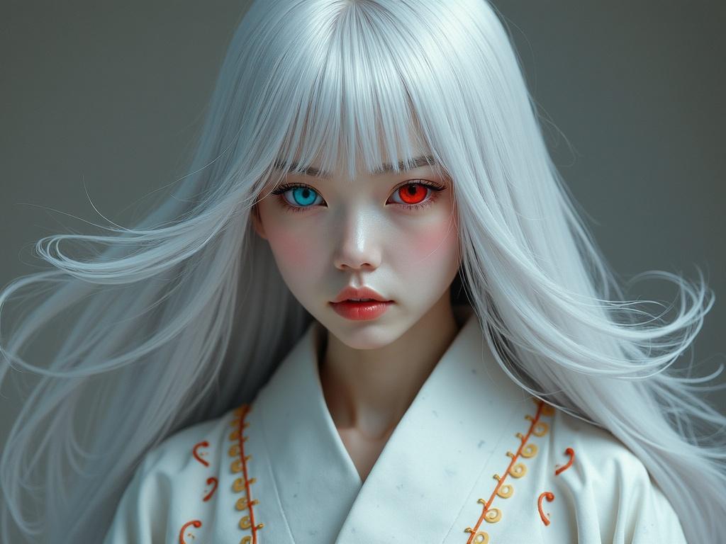A hyper-realistic portrait of a female figure with flowing silver hair wearing a marble kimono. Eyes are vividly red and blue, creating a striking contrast. The overall style blends bright surrealism with intricacies in detail.