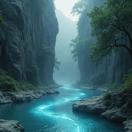 Surreal dreamlike landscape featuring a flowing river merging with a stone wall. Glowing symbols embedded in the scene. Ethereal concept art with high detail and mystical elements.
