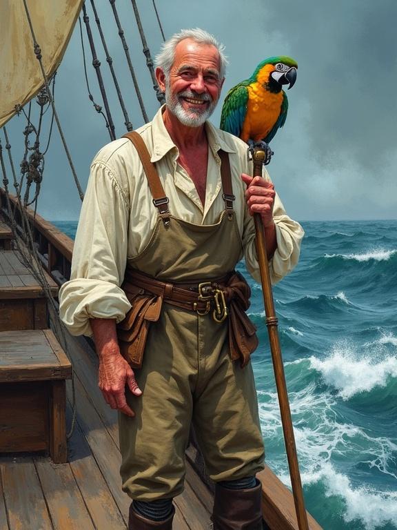One-legged pirate dressed as a cook on a ship deck with a parrot. He smiles broadly while leaning on a crutch. Simple shabby clothes and an apron. Stormy weather in the background with waves crashing. Illustration style emulating gouache painting.
