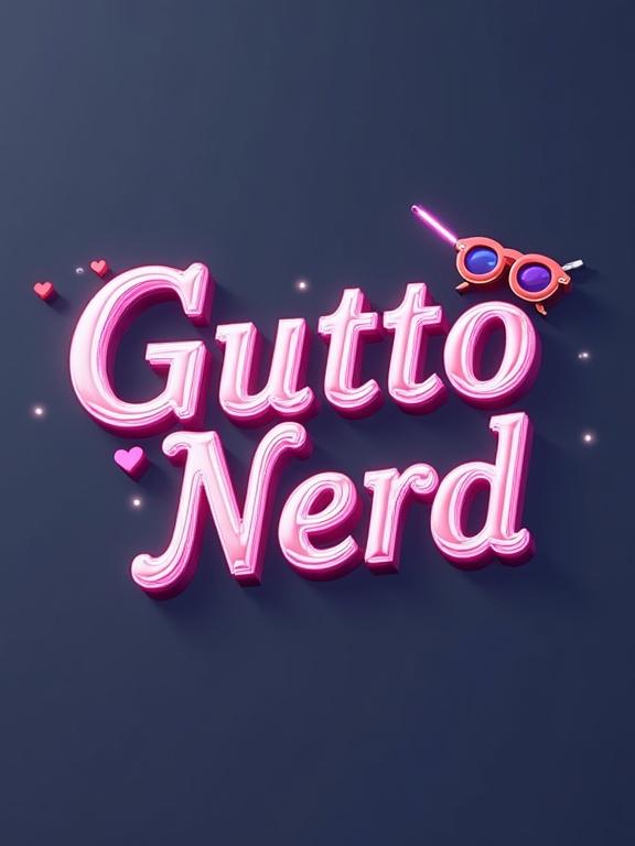 A retro-style 3D logo design featuring the name Gutto Nerd as the central element with glossy chrome-like lettering and soft neon reflections. Typography is bold and vintage-inspired, slightly curved with beveled edges and subtle glow. Integrated minimalist nerd culture symbols are present. The logo is clean, elegant, and balanced without background.