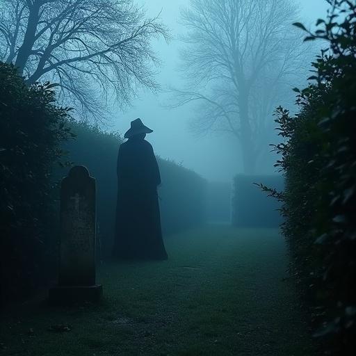 Foggy garden at night with shadows behind hedges. Mysterious figure near gravestone creates suspenseful mood. Concealed danger evident in setting.