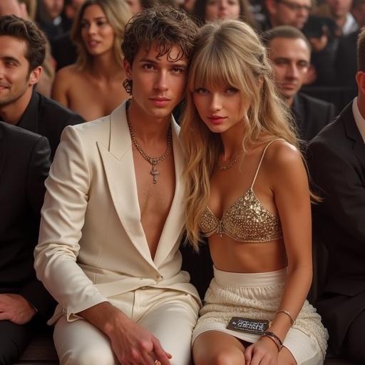 Photorealistic image of an attractive young woman in a gold bikini top and white miniskirt at an awards show. Young woman has blonde twintails. She wears a queen of spades pendant. She sits draped over her boyfriend looking happy and smirking at the viewer while holding a sign.