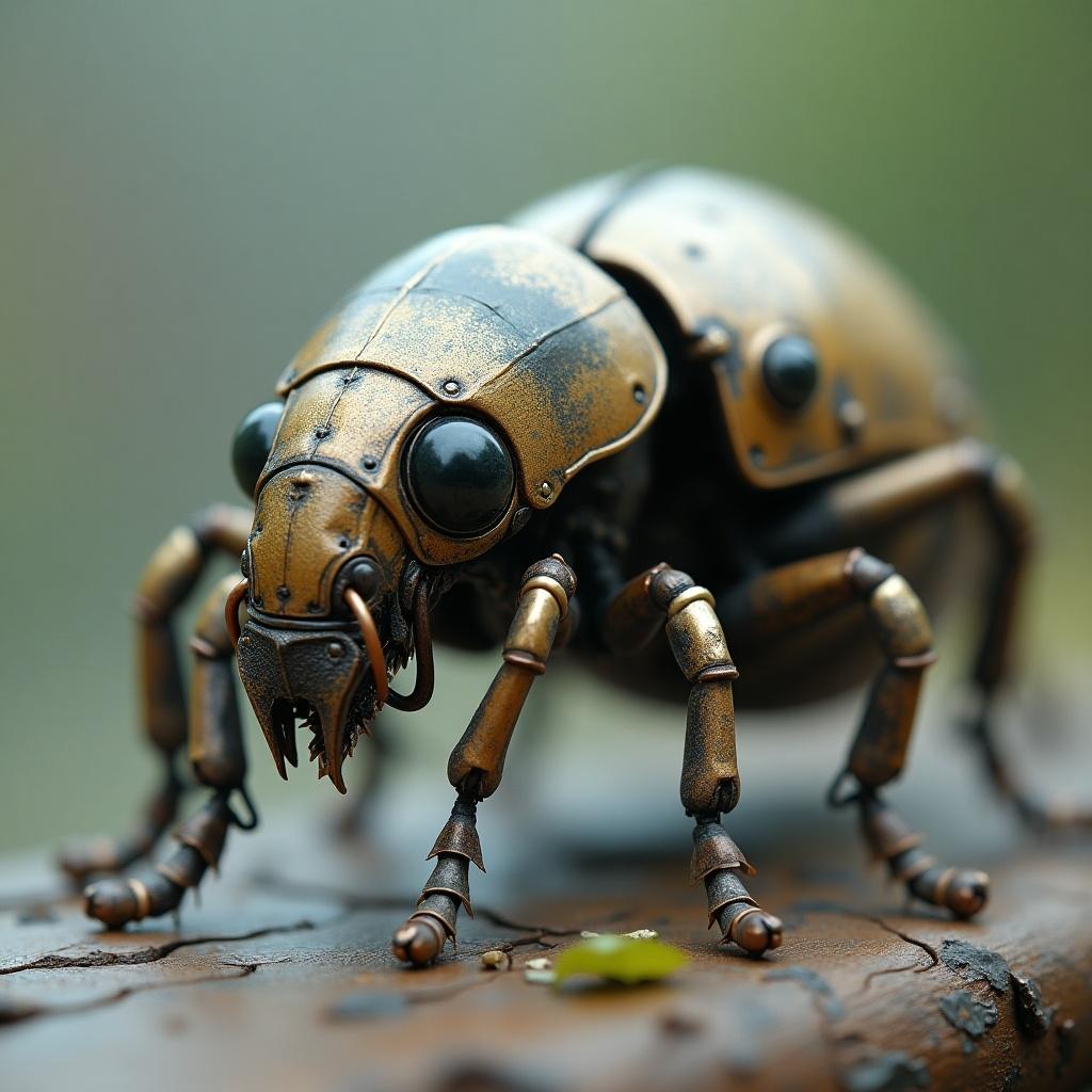 The image portrays a mechanical insect closely resembling a Forficula auricularia. This insect features intricate metallic details, showcasing a blend of nature and technology. The background is softly blurred, allowing the insect to stand out prominently. The design evokes a futuristic feel, creating a slightly unsettling aesthetic. The use of soft lighting enhances the detailed craftsmanship of the mechanical components.