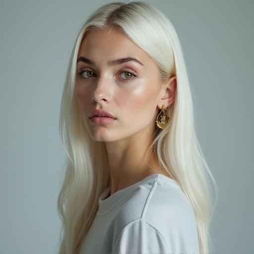 Full body shot of a poised Eastern European woman with elegant features. Long slender nose, sharp cheekbones. Platinum-blonde hair cascading past shoulders. Light brown almond-shaped eyes, delicate lashes. Porcelain skin with cool undertones. Naturally defined lips, calm regal expression. Wearing muted minimalistic outfit in soft greys or icy blues. Subtle gold earrings. Soft natural lighting enhancing colors.