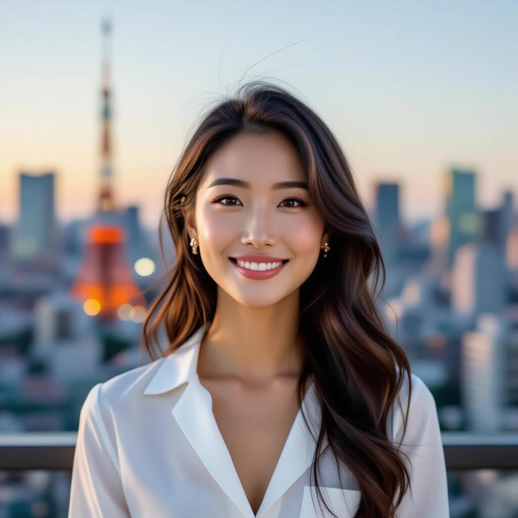 Image of a beautiful Asian woman in front of Tokyo skyline. Soft lighting. Warm colors. City backdrop at sunset.