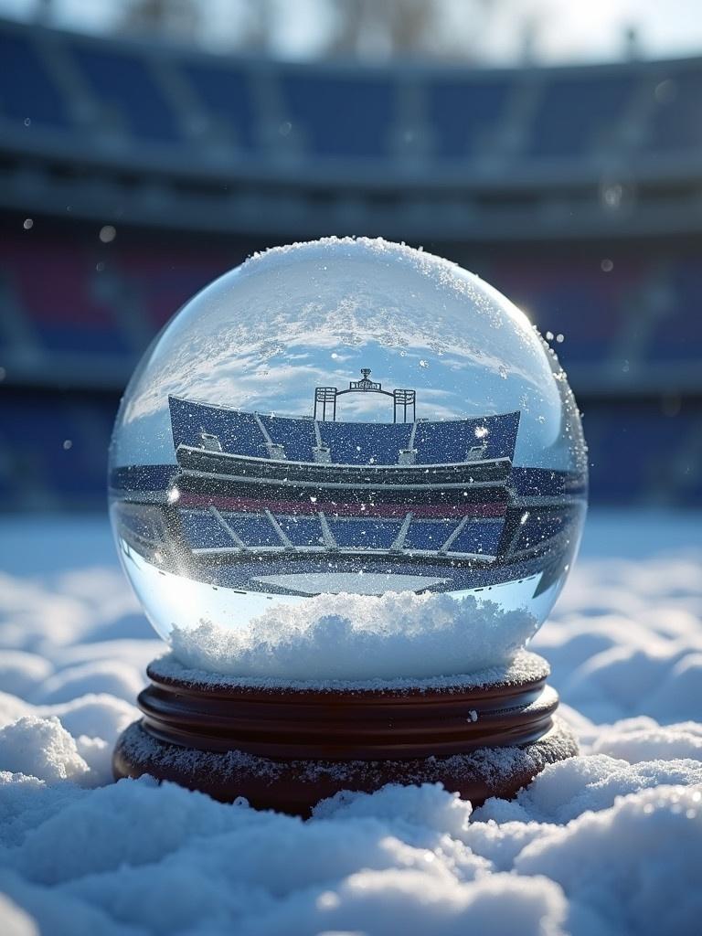 Magical snow globe shows empty stadium. Globe placed on snow. Stadium resembles Buffalo Bills stadium. Snowflakes fall gently around the globe.