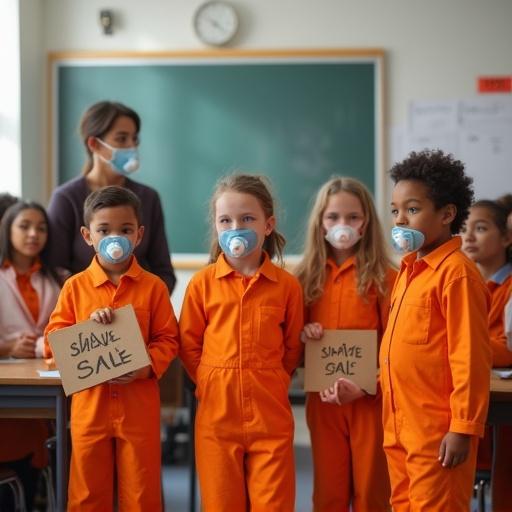 Class of children wearing orange jumpsuits and oversized pacifiers. Children hold cardboard signs reading slave for sale. Hands of children are tied. One child on teacher's desk acting like being sold. Teacher presents as seller. Parents at desks imitate buying children. Bright and fun atmosphere.