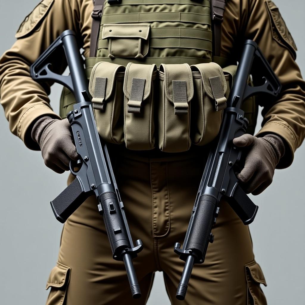 A person wearing a camouflaged military uniform holds two identical submachine guns. The hands are gloved and gripping the firearms with authority. The uniform includes a tactical vest with numerous pouches for gear. The background is neutral, focusing on the person and equipment.