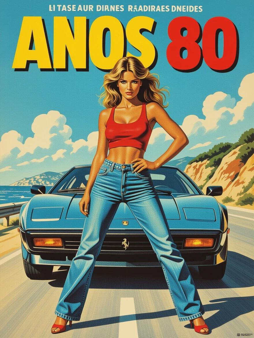 Colorful movie poster depicting the 1980s style. A woman in a red top and blue jeans stands confidently in front of a vintage supercar on a scenic coastal road. Vivid colors and bold typography highlight the retro theme. The background features a bright sky and ocean waves.