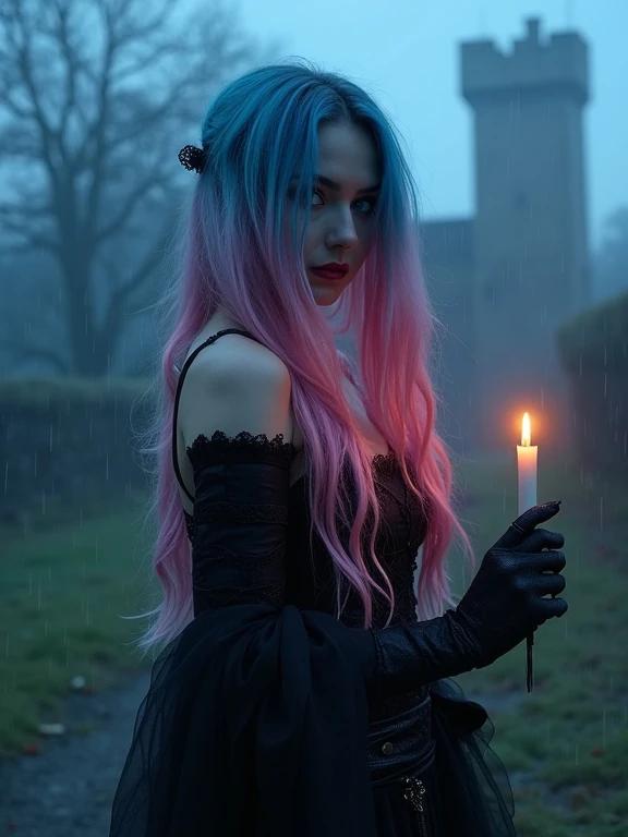 Captivating gothic-themed woman holds a candle. Night scene with rain and fog. Woman has long pink and blue ombre hair. Spooky castle in the background. She wears a dramatic gothic outfit. Dark moody atmosphere.