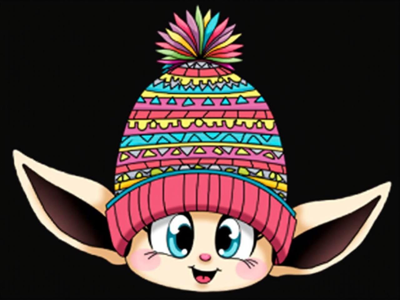 The image features a cartoon character with a colorful beanie hat adorned with a pom-pom on top. The character has large, expressive ears and an outline that suggests a playful or whimsical design. The use of bright and vivid colors makes the character visually striking. The background is dark, which contrasts with the vibrant colors of the character's hat and face. The overall style appears to be illustrative and cheerful, possibly intended for a younger audience or for humor.