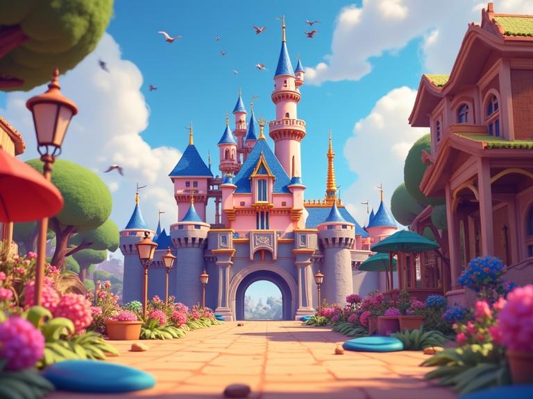 A vibrant and playful 3D illustration of a magical castle. The castle features tall spires with flags. Surrounding the castle are colorful flowers and trees. The scene is bright and cheerful, conveying a sense of wonder.