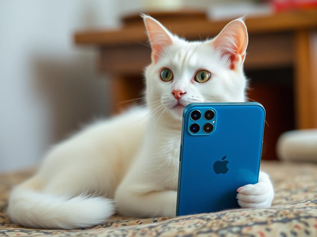 A white cat curiously holding a blue smartphone, resembling an iPhone.