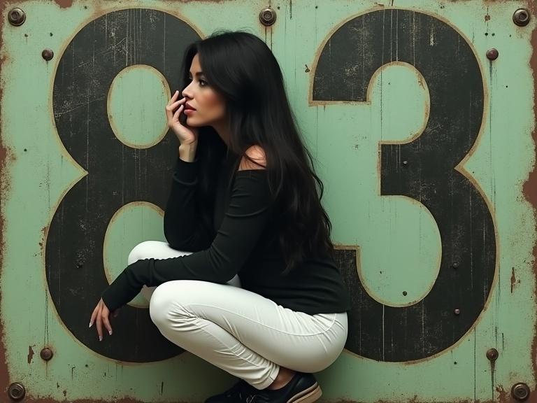 Stylised portrait of a person crouching. Long dark hair with contemplative pose. Hand near face. Dark top and white pants. Textured green background resembling aircraft metal. Large bold numbers 83 in the background.
