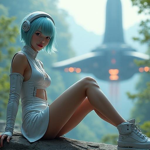 Pretty young woman from outer space wearing a futuristic sleeveless mini skirt dress and arm covers. She has light blue bob hair and a futuristic headset. Sitting with legs spread in front of a spaceship landed in a suburban park in Tokyo today.