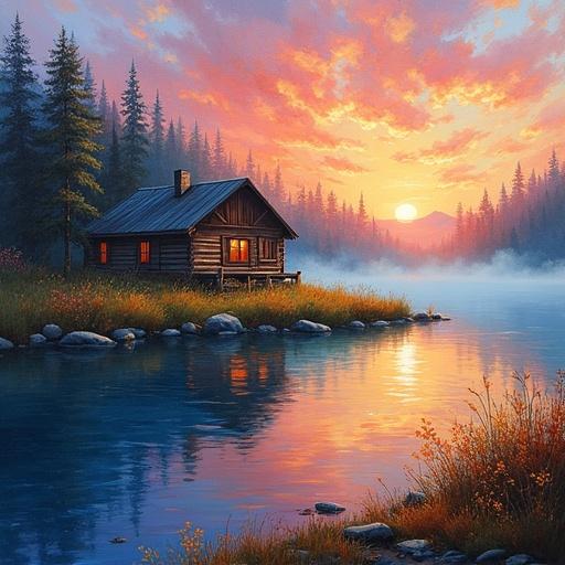 Dreamy acrylic painting of a rustic cabin by a misty lake during sunrise. Features expressive and colorful strokes reminiscent of Van Gogh. Ethereal light with rich hues and detailed reflections in a high-resolution format.