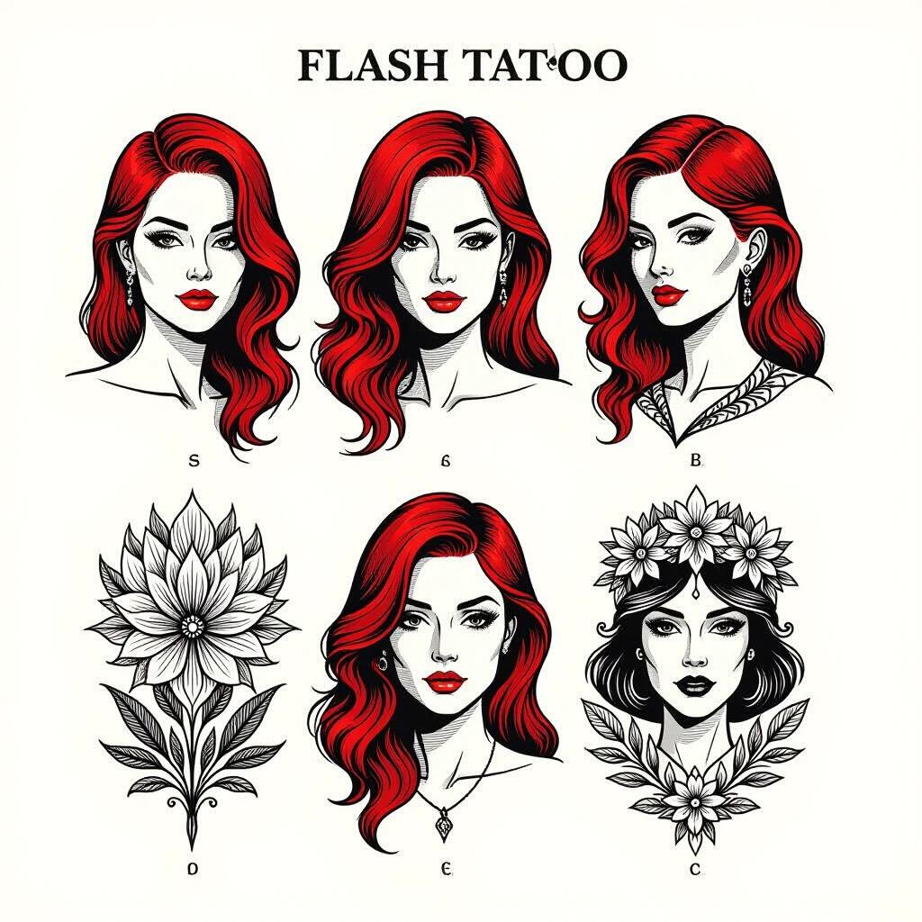 Flash tattoo sheet featuring various redhead portraits. The designs are created using thick black lines and minimalist styles. Illustrations are inspired by artists known for their unique aesthetics. The tattoos reflect emotional themes with a focus on red hair. Each portrait has distinct floral elements complementing the hair designs.