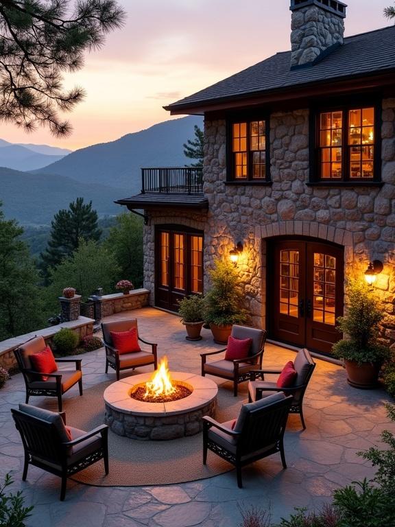 A charming mountainside stone cabin at sunset surrounded by greenery. The cabin features a fire pit area with classic outdoor chairs, a stone patio, and lush plants. The warm lighting creates a cozy atmosphere.