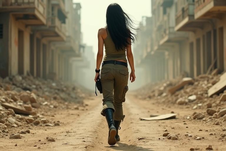 High aerial view of a girl fighter walking through cracked streets. Olive green tank top and cargo pants are dirt-streaked. Long black hair flows in the breeze. Black combat boots leave impressions in dust. Emphasis on solitary strength in post-apocalyptic city.