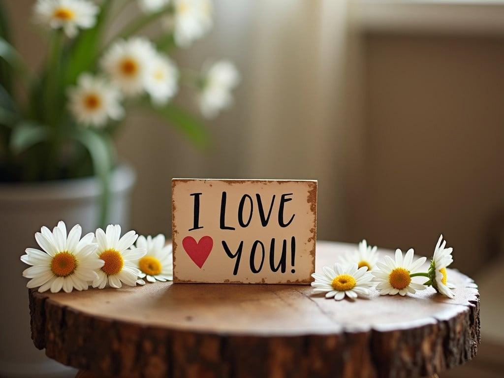 A cozy and romantic setting featuring a small, rustic wooden table. On the table, there is a cute, handmade sign that says "I LOVE YOU!" in elegant handwriting. Surrounding the sign are delicate white daisies with bright yellow centers, adding a touch of nature's charm. The background is softly blurred to emphasize the warmth of the scene, creating an intimate atmosphere. Gentle lighting enhances the romantic vibe, making it perfect for a heartfelt expression of love.