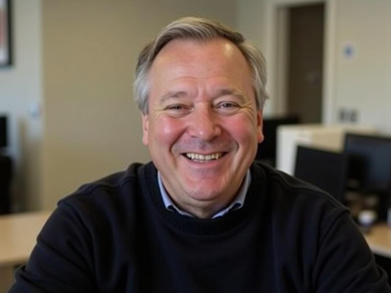 The image shows a man smiling in a casual black sweater. His hair is short and slightly graying at the temples. The background appears to be an office setting, with blurred outlines of desks and computers. The lighting is bright, giving a warm appearance to the scene. He looks friendly and approachable, with a confident smile that suggests he is comfortable in the environment.