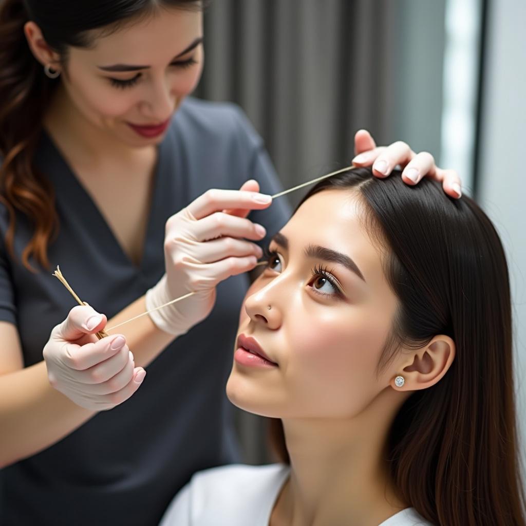 Beauty therapist performs eyebrow threading. Hands grasp a cotton thread. Traditional method to shape eyebrows. Clients brows are cleaned and shaped. Hand movements create a loop to catch hair. Gloves are worn to maintain hygiene.