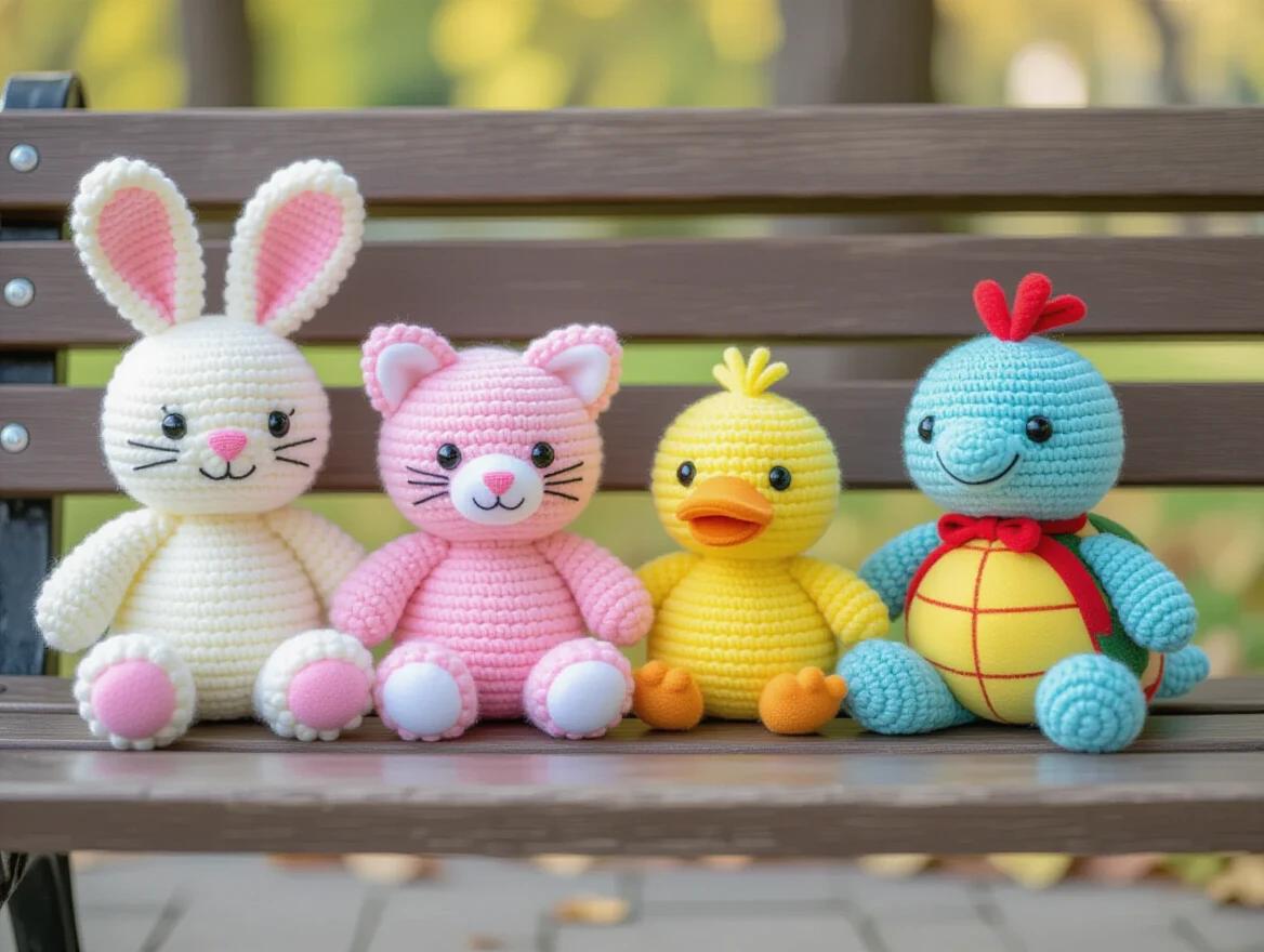Collection of yarn pom-pom animals. Handmade bunny kitten duckling turtle. Sitting on a park bench. Pastel tones. Cheerful and whimsical.