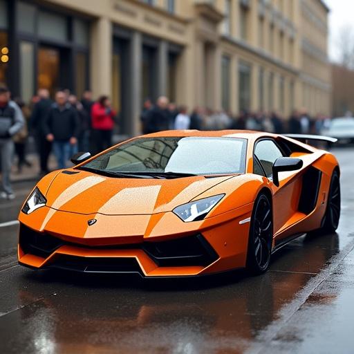 Lamborghini Aventador parked on the street with urban background and crowd blurred in the background.
