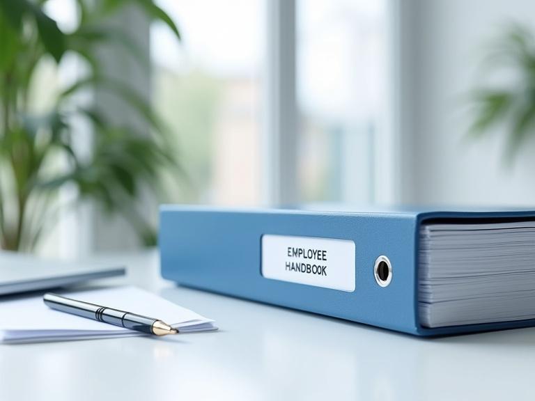 Modern professional banner image featuring a blue ring binder labeled 'Employee Handbook' on a white desk with soft lighting. A minimalist pen and neatly stacked papers are visible. The label on the binder uses a modern sans-serif font. Overall composition is horizontal with room for overlaid text or logo.