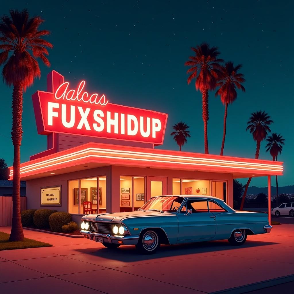 An illuminated classic motel named FUXSHIDUP at night. A vintage car parked in front enhances the nostalgic feel. Tall palm trees and a starry sky create a dreamy background. The colors are vibrant, with red, orange, and soft blues contrasting beautifully.