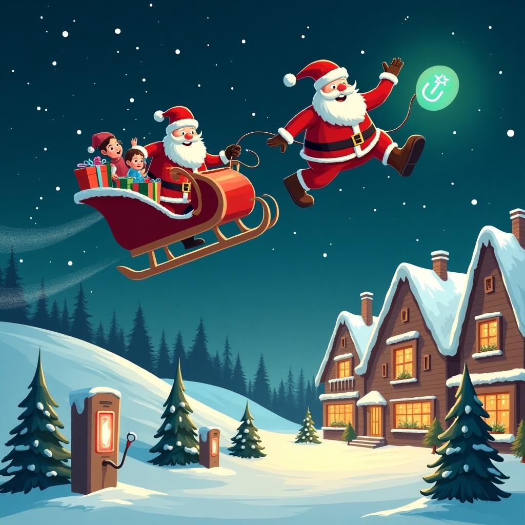 Santa Claus drives a sleigh with presents in a snowy landscape. Charging stations are visible for cars. Buildings are decorated with warm lights. Christmas trees are scattered throughout the scene. The background features a starry night sky. Family enjoys the Christmas atmosphere.