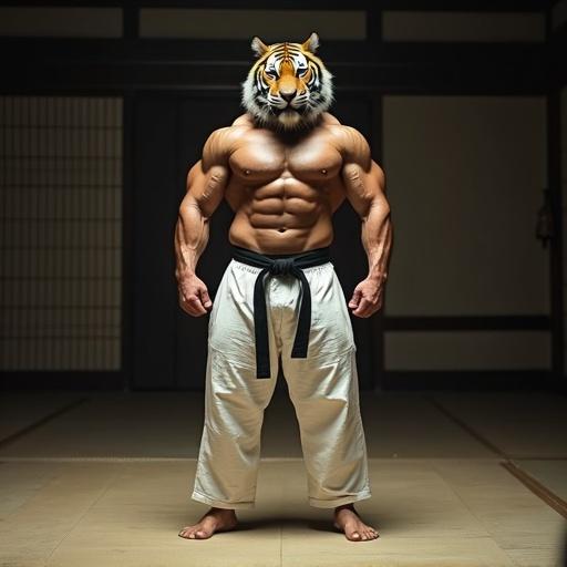 A strong bodybuilder with tiger head poses in dojo wearing white judo pants and black belt. He stands barefoot. Dramatic atmospheric lighting and film grain enhance the cinematic effect.