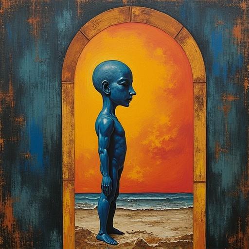 Surreal representation of a blue humanoid figure standing in an archway with a sunset background. The beach and ocean are visible.