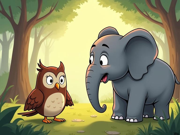 A cartoon scene where a wise owl approaches an elephant in a green forest. The owl looks curious, and the elephant appears friendly and surprised. Bright and cheerful lighting enhances the atmosphere.