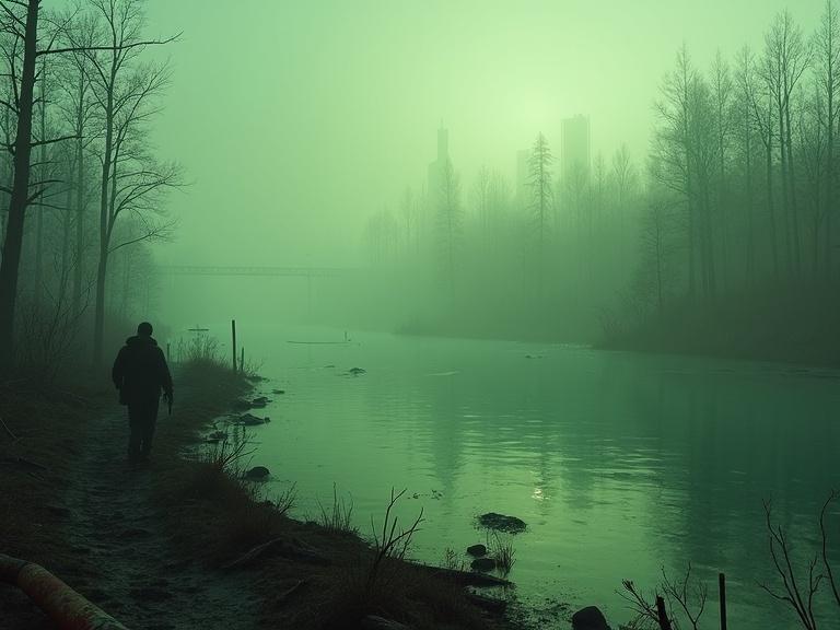 Dark and atmospheric scene in Russian wilderness. Fog-covered lake with toxic green waters. Murky environment feels surreal and immersive. Scattered abandoned items like gas masks and ammo crates. Twisted dead trees line the shore. Distance has a derelict industrial complex. Ambient light shafts cut through fog. Gritty textures and game-like details present. A faint presence suggests danger.